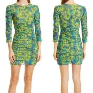 GANNI Ruched Mesh Sulphur Spring Printed 3/4 Sleeve Mini Dress Size 38/M